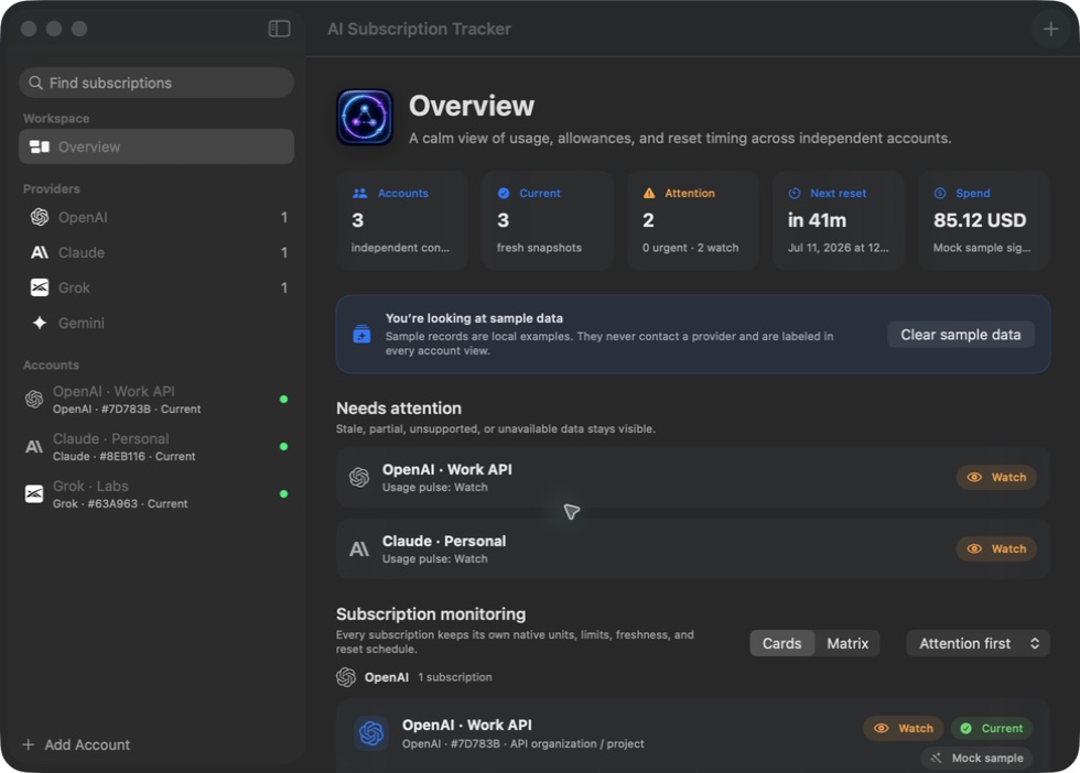 AI Subscription Tracker overview with account pulse, attention states, and short-term and weekly monitoring