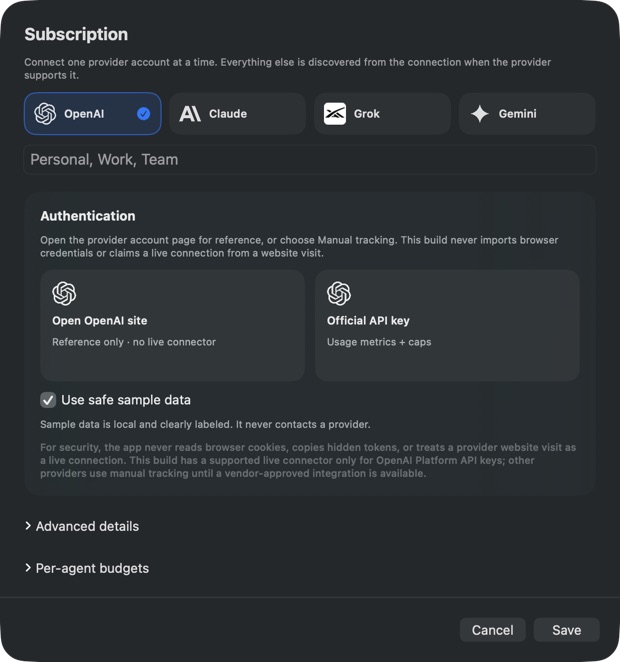 Current provider account setup with OpenAI, Claude, Grok, and Gemini